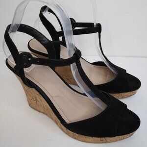 CHARLES by Charles David T-Strap Black Cork Wedge Sandals Size  9M